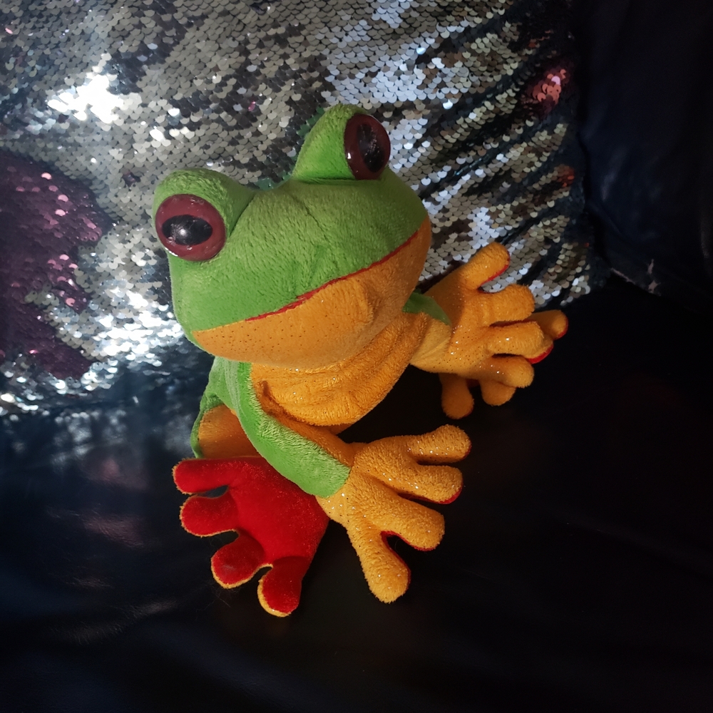 Colorful Plush Frog Toy with Orange and Red Details